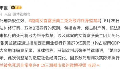 越南取消8项死刑罪名，越南女首富张美兰将由死刑改判终身监禁，律师：她非常高兴