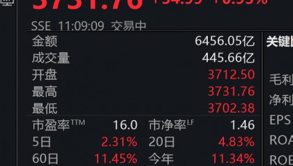3731.76！刚刚，上证指数突破10年高点，A股总成交额达1.6万亿元