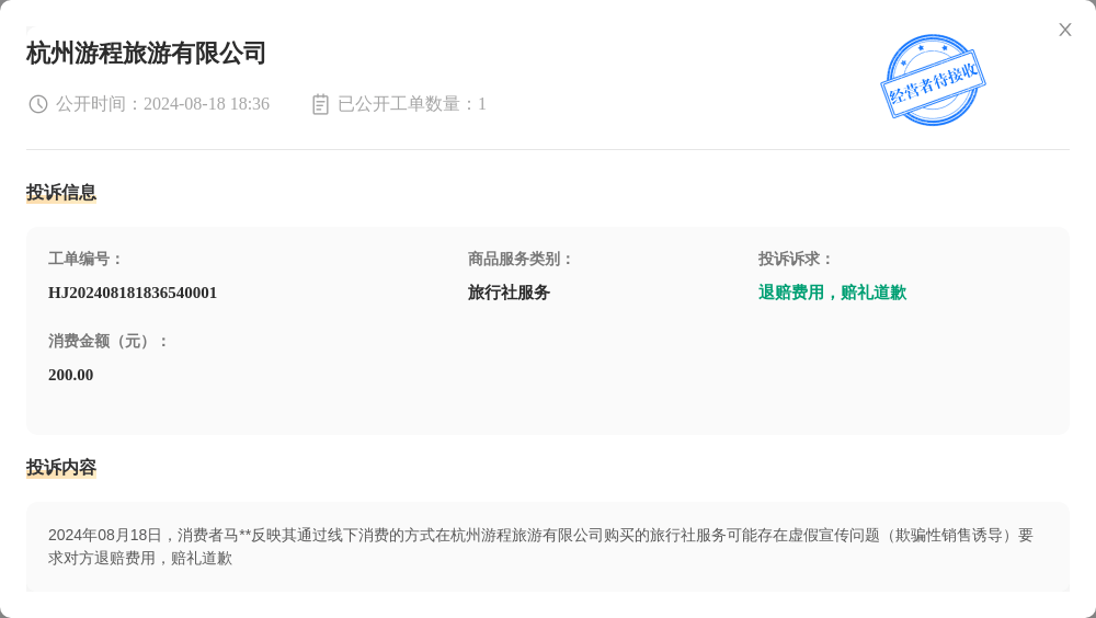 杭州游程旅游有限公司8月18日被投诉，涉及消费金额200.00元