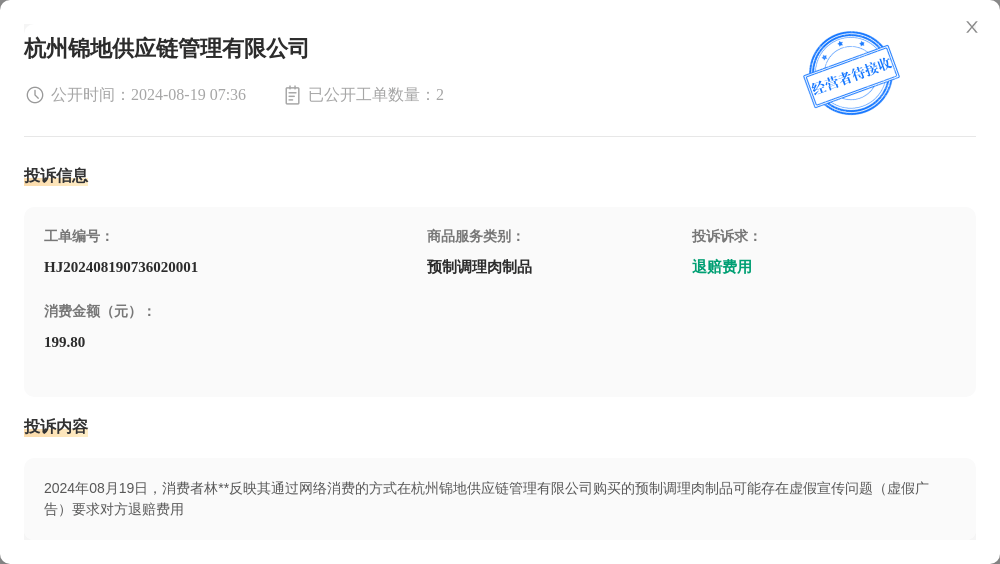 杭州锦地供应链管理有限公司8月19日被投诉，涉及消费金额199.80元