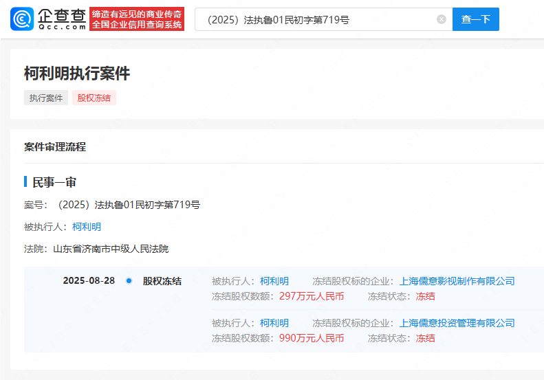 万达电影实控人柯利明1287万股权被冻结